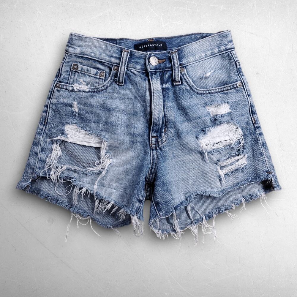 Aeropostale 90s High Rise Cutoff Jean Shorts Women 00 Blue Cotton Distressed Y2K